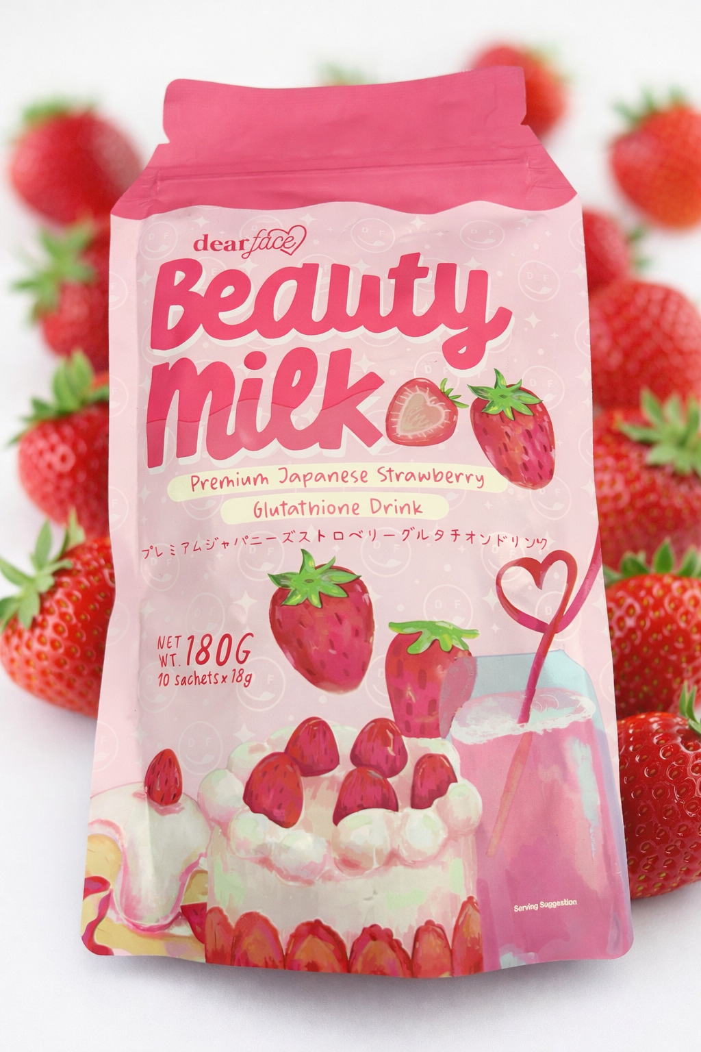 Beauty Milk fraise -180g Glow – Collagène, Glutathion & Vitamine C | 10 sachets beauté peau lumineuse