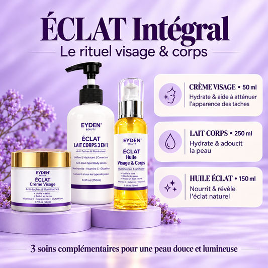 Fiche du Pack ÉCLAT Intégral : crème visage 50 ml, lait corps 250 ml, huile ÉCLAT 150 ml