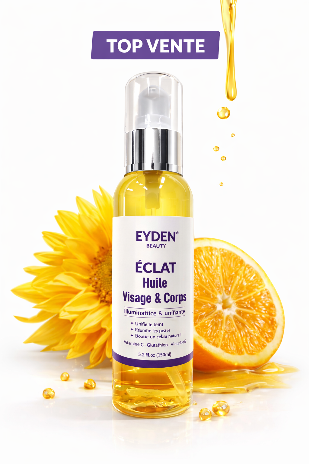 Eyden Beauty ÉCLAT 3 en 1 – Huile Corps & Visage Illuminatrice & Unifiante