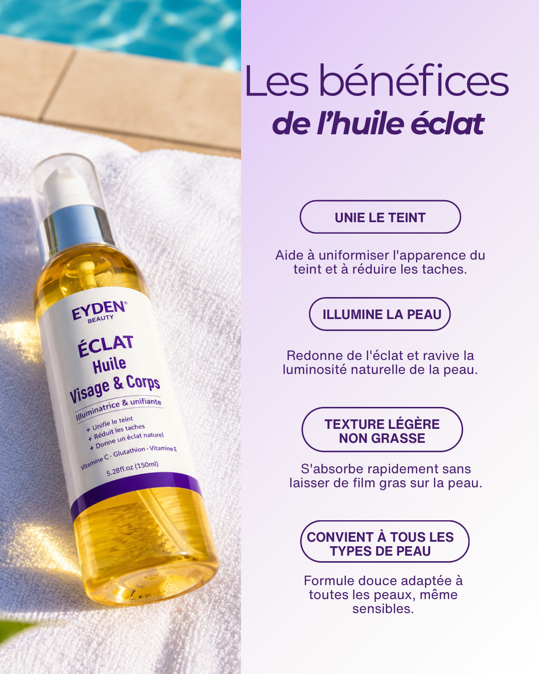 Eyden Beauty ÉCLAT 3 en 1 – Huile Corps & Visage Illuminatrice & Unifiante
