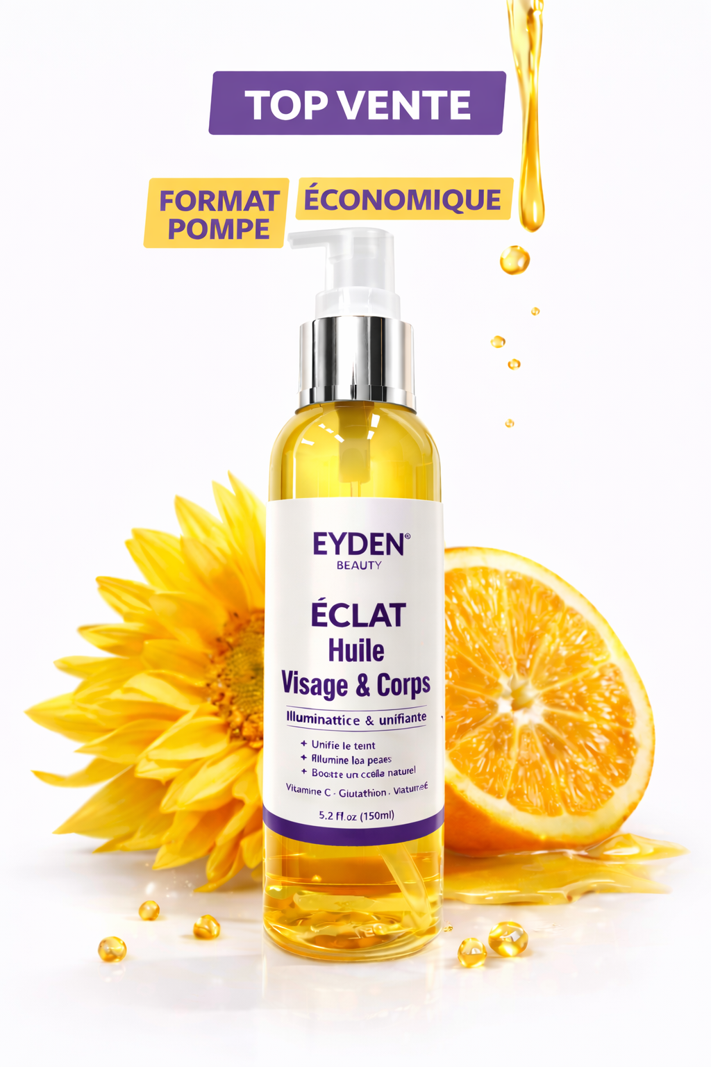 Eyden Beauty ÉCLAT 3 en 1 – Huile Corps & Visage Illuminatrice & Unifiante