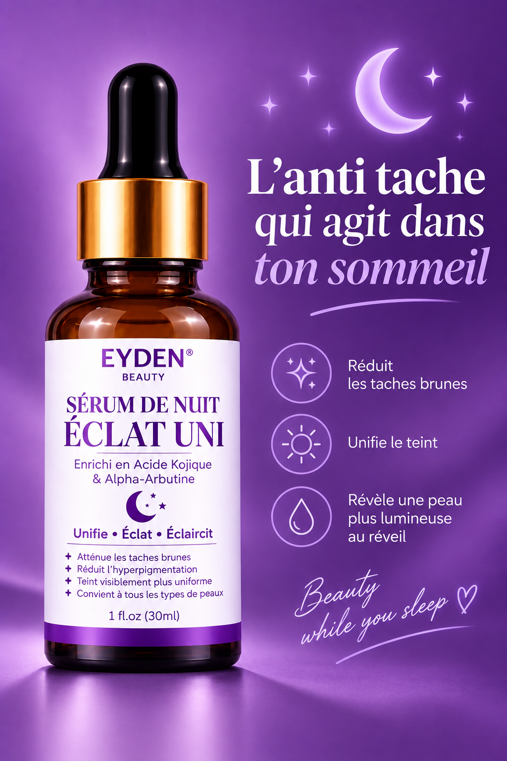 Sérum Nuit Éclat Uni – Anti-Taches à l’Acide Kojique & Alpha-Arbutine