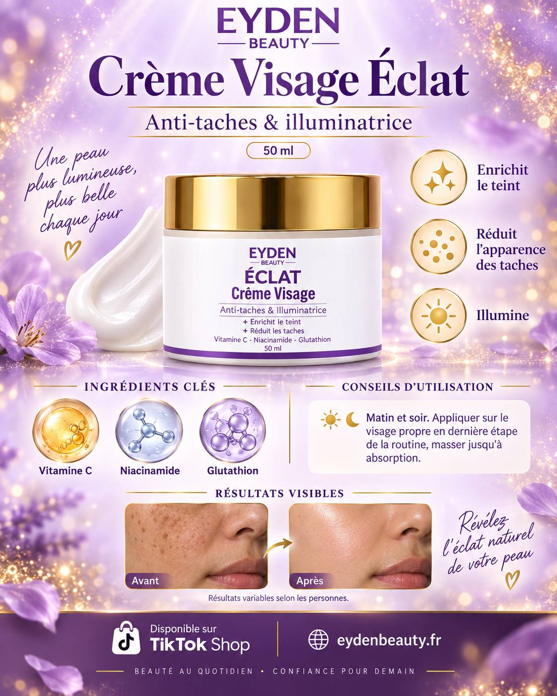 Crème Visage ÉCLAT – Acide Kojique, Niacinamide, Vitamine C & Glutathion – 50 ml