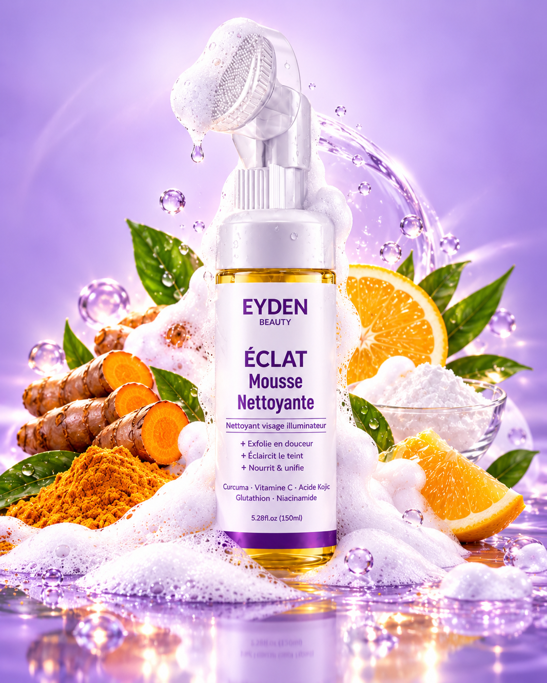 Mousse nettoyante Curcuma ,acide kojic & gluthation Brosse Silicone Intégrée-150ml