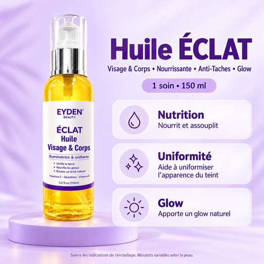 Huile ÉCLAT – Visage & Corps | Éclat & Teint uniforme – 150 ml – bénéfices