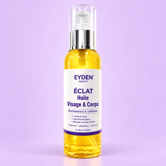 Huile ÉCLAT visage et corps – flacon pompe 150 ml sur fond lavande