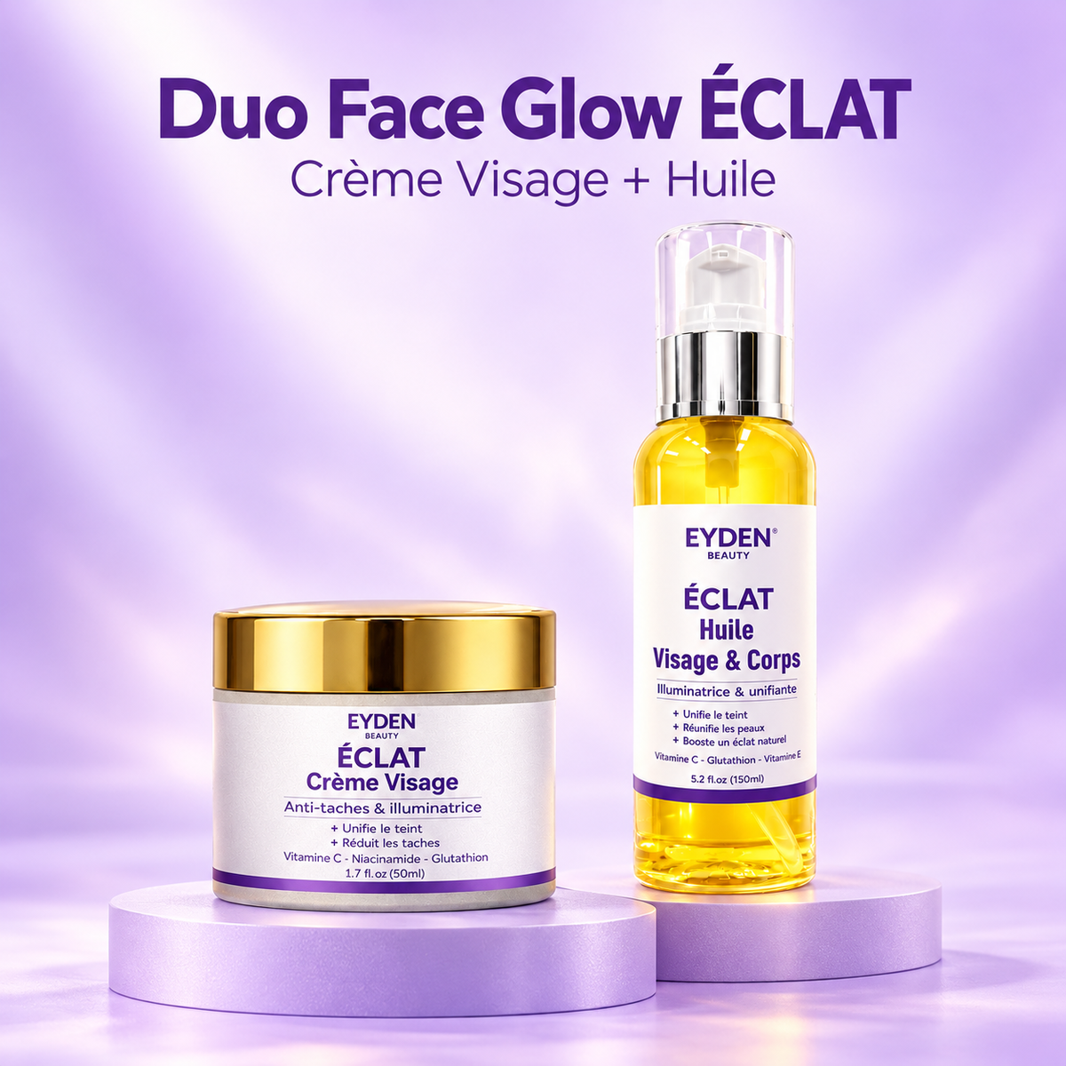 Duo Face Glow ÉCLAT – Crème Visage + Huile – produits sur fond lavande avec titre