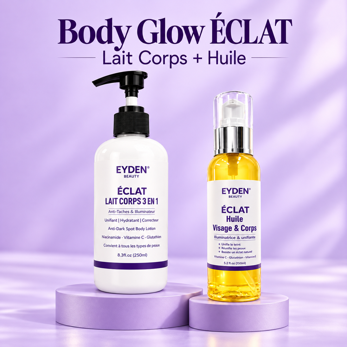 Pack Body Glow ÉCLAT – Lait Corps + Huile – produits sur fond lavande avec titre