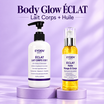 Pack Body Glow ÉCLAT – Lait Corps + Huile – produits sur fond lavande avec titre