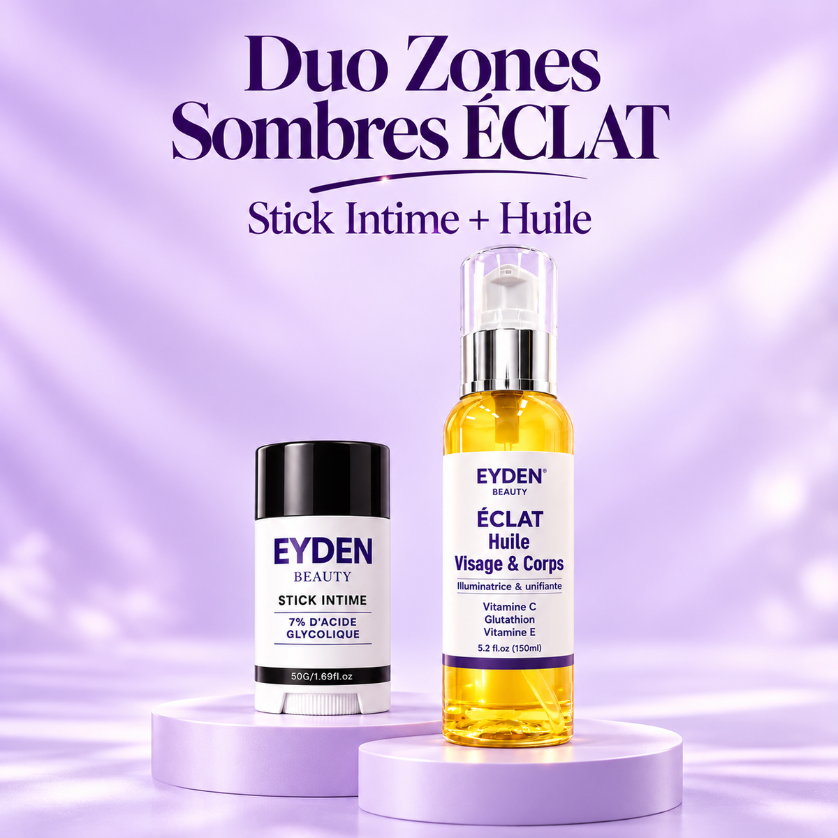 Duo Zones Sombres ÉCLAT – Stick Intime + Huile – produits sur fond lavande avec titre