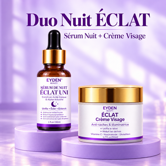 Duo Nuit Zéro Taches ÉCLAT – Sérum + Crème – produits sur fond lavande avec titre