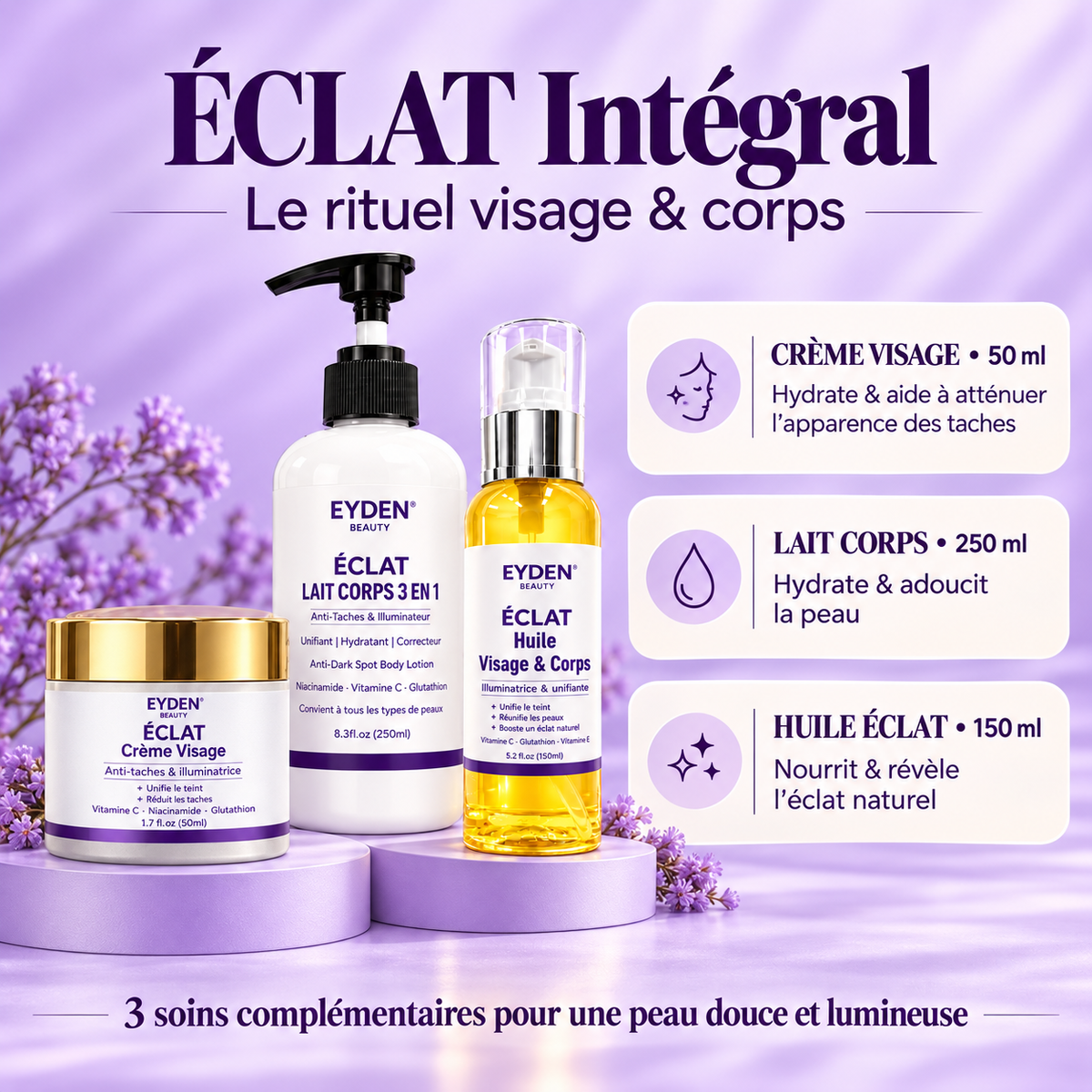 Fiche du Pack ÉCLAT Intégral : crème visage 50 ml, lait corps 250 ml, huile ÉCLAT 150 ml