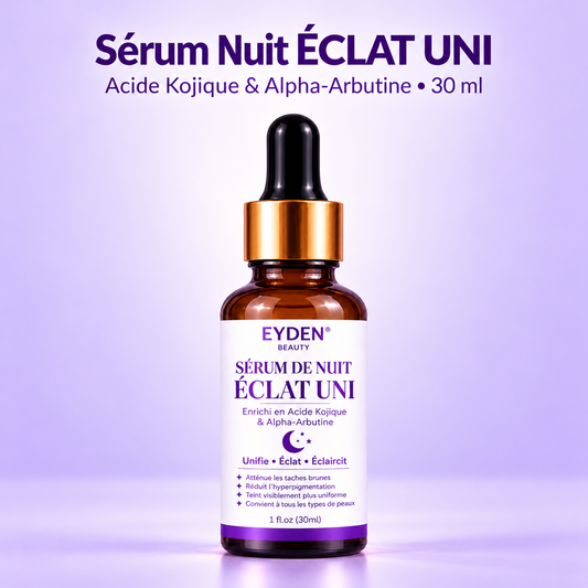 Sérum Nuit ÉCLAT UNI – Acide Kojique & Alpha-Arbutine – 30 ml – fond lavande clair